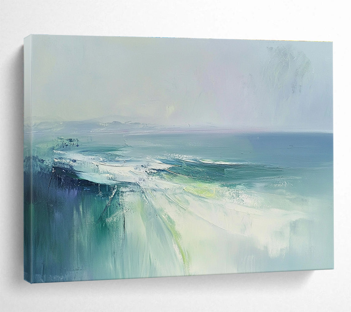 Large abstract painting of the sea with soft blues and greens, evoking a misty morning atmosphere in an ethereal and emotional style.SC047