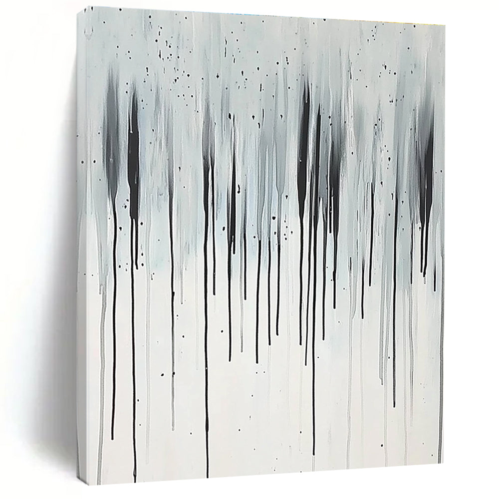 Large abstract painting featuring vertical thin lines in black and white with rain elegantly cascading from the sky.STSC357