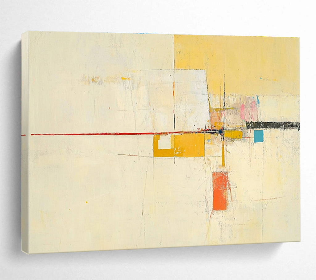 Large abstract painting featuring yellow beige colors thin red line off-white background small blue square soft orange lines geometric shapes and ample white space.SC332