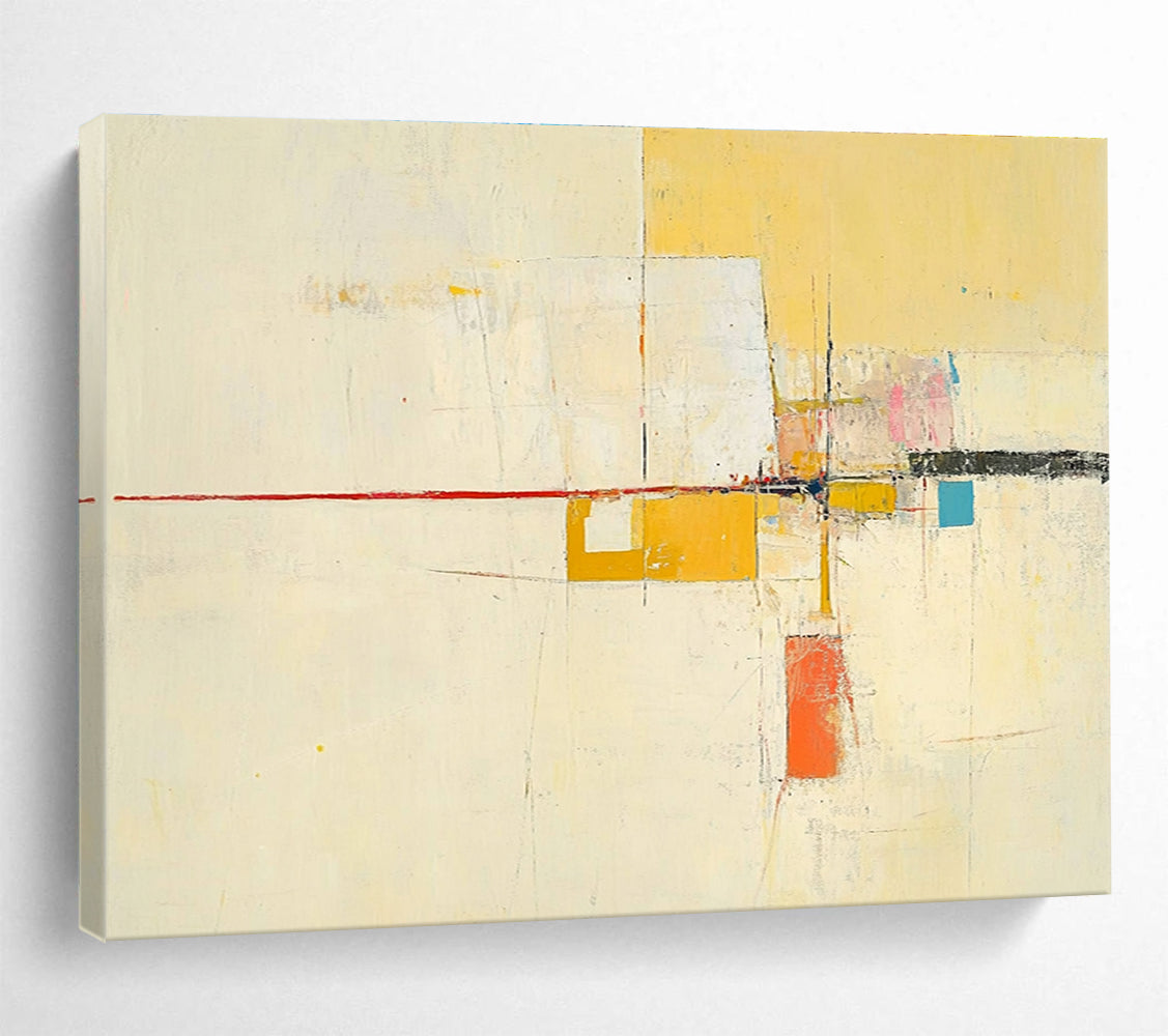 Large abstract painting featuring yellow beige colors thin red line off-white background small blue square soft orange lines geometric shapes and ample white space.SC332
