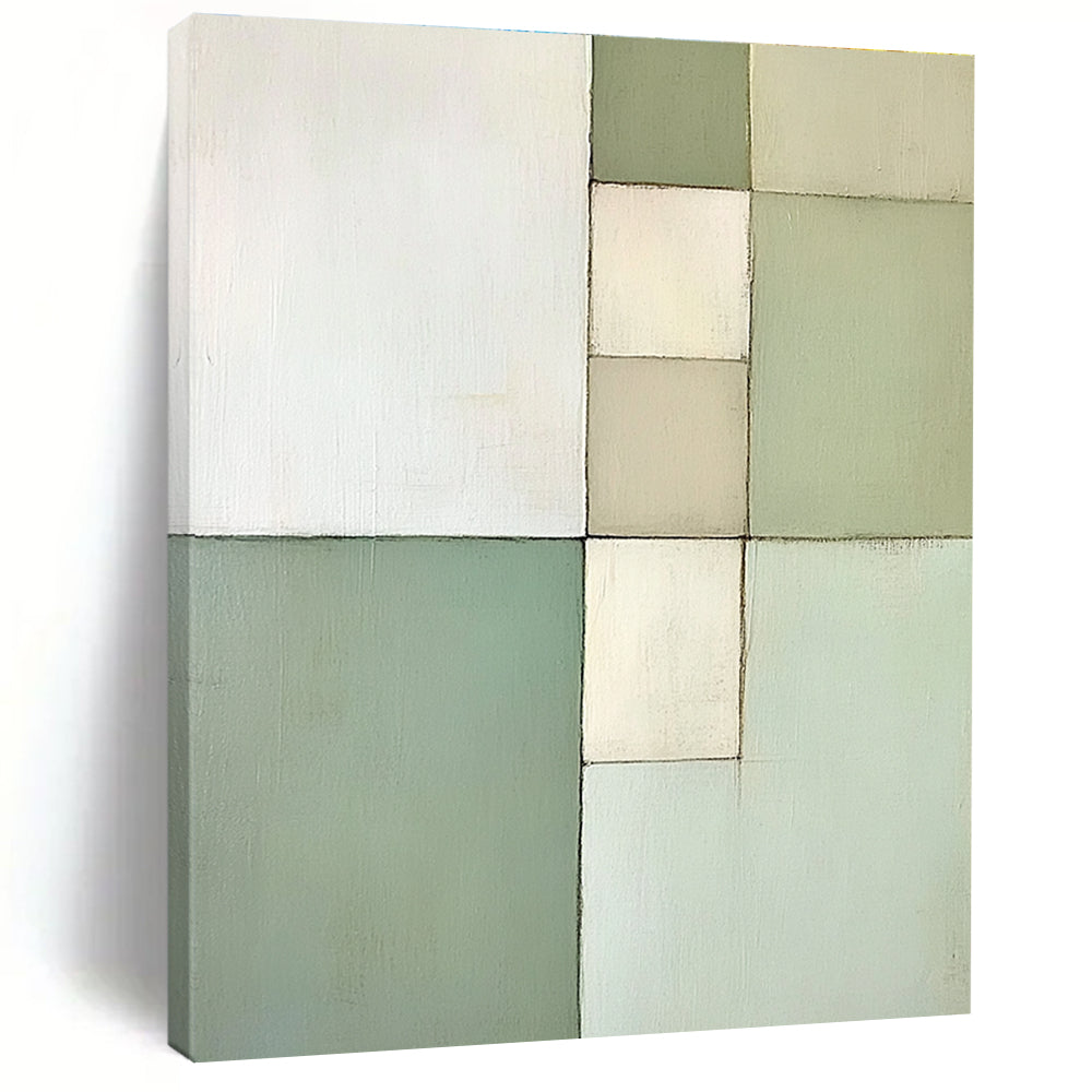 Green and White Abstract Painting with Geometric Harmony GER172