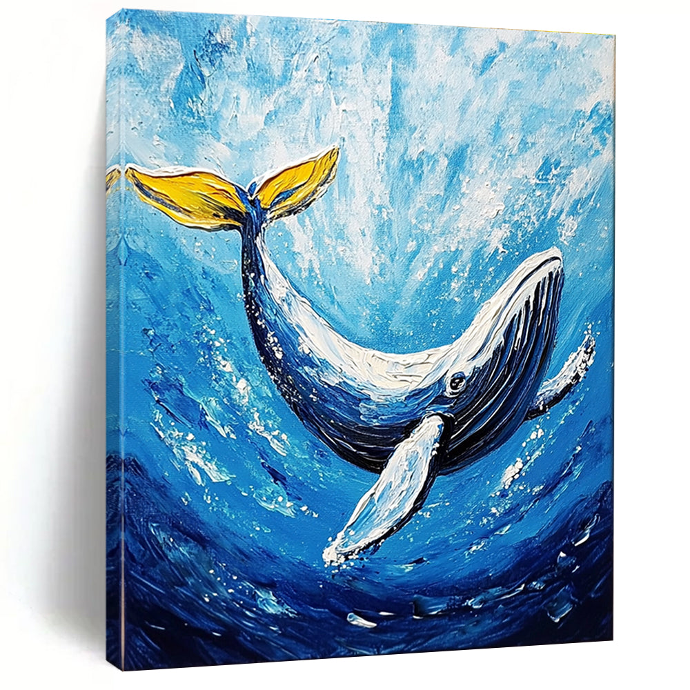 A large abstract painting featuring a majestic whale gliding through deep blue waters in vibrant acrylic colors.STSC1052