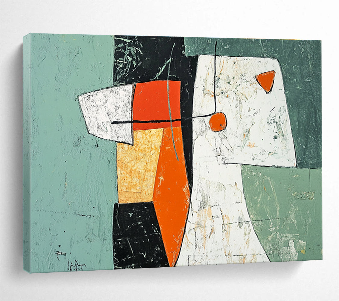 Large abstract painting featuring green orange and white shapes with black lines and a woman's figure made from paper and fabric elements.SC198