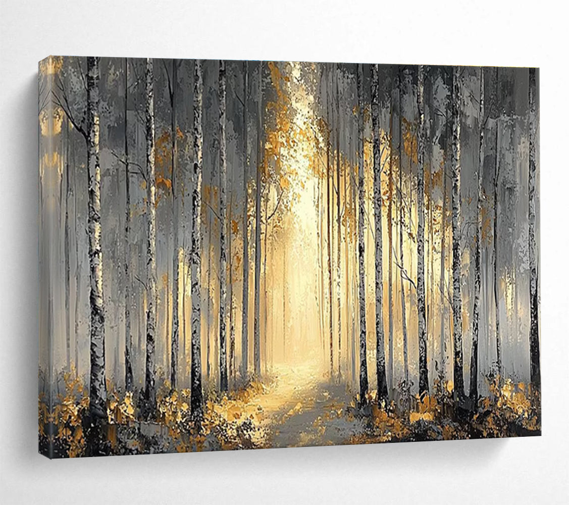 Misty Forest Abstract Painting with Grey and Gold Tones THY159