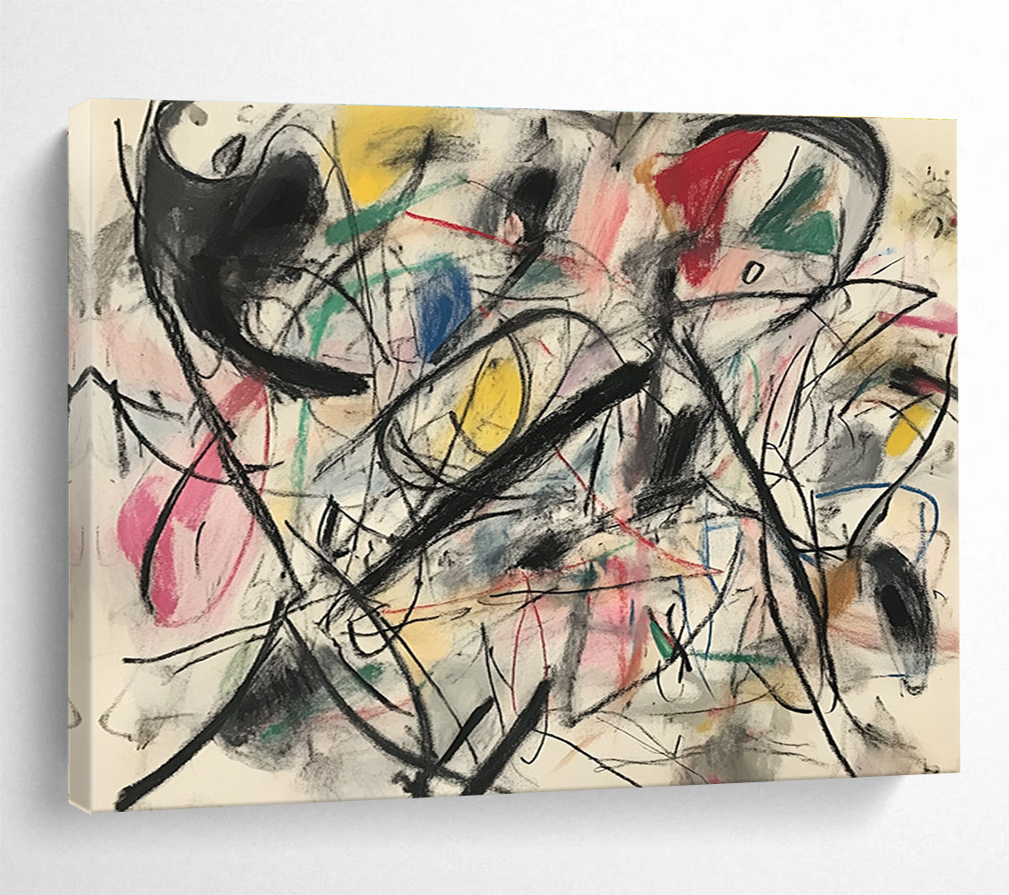 A large abstract painting featuring chaotic movement and energy with bold muted colors creating an exciting composition of fast-moving shapes and lines.SC303