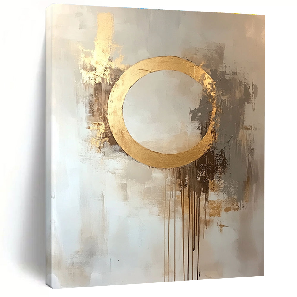Large abstract oil painting featuring a moon with a golden circle in beige and gold tones with dripping gold leaf on a white background.STSC170