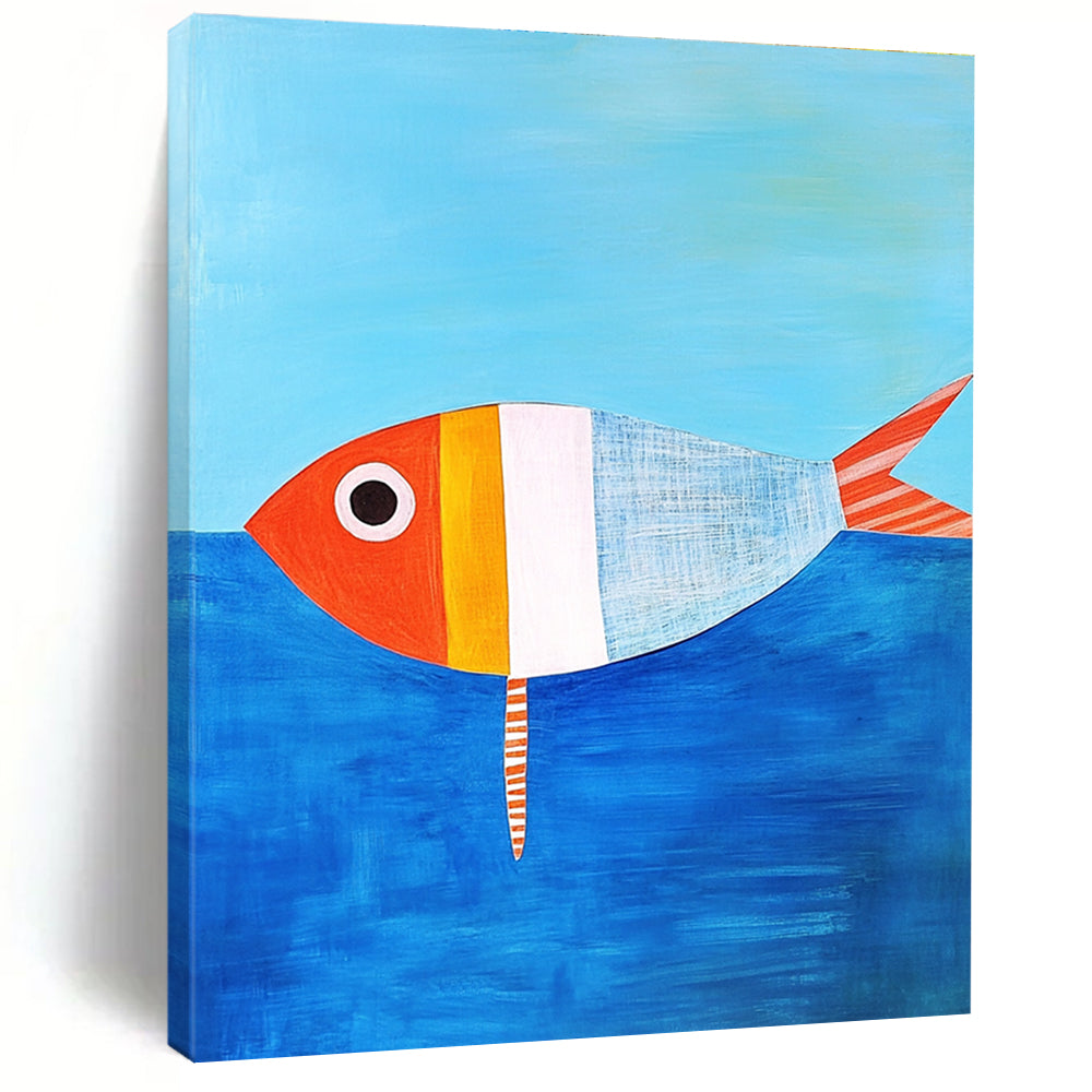 A large abstract painting featuring a simple paper fish in Matisse style against blue water with an orange and white striped tail.STSC1187