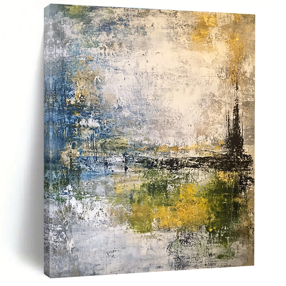 Large abstract painting featuring a misty sky and landscape in muted gray blue green and yellow-brown tones using mixed media techniques.STSC210