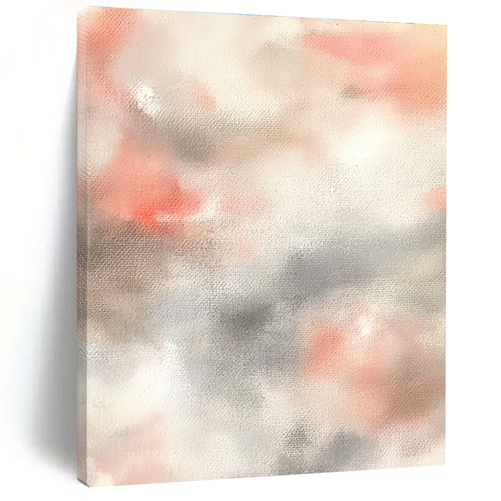 Large abstract painting featuring soft pinks whites and light gray clouds on a beige background creating a serene atmosphere.STSC1462