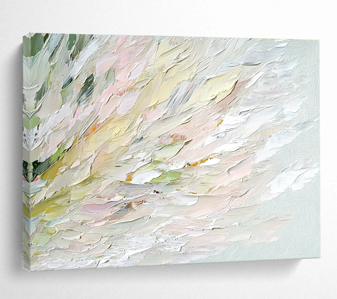 An abstract oil painting features soft swan feathers in whites greens pinks and yellows with a blurred water ripple background enhancing tranquility and elegance.SC450