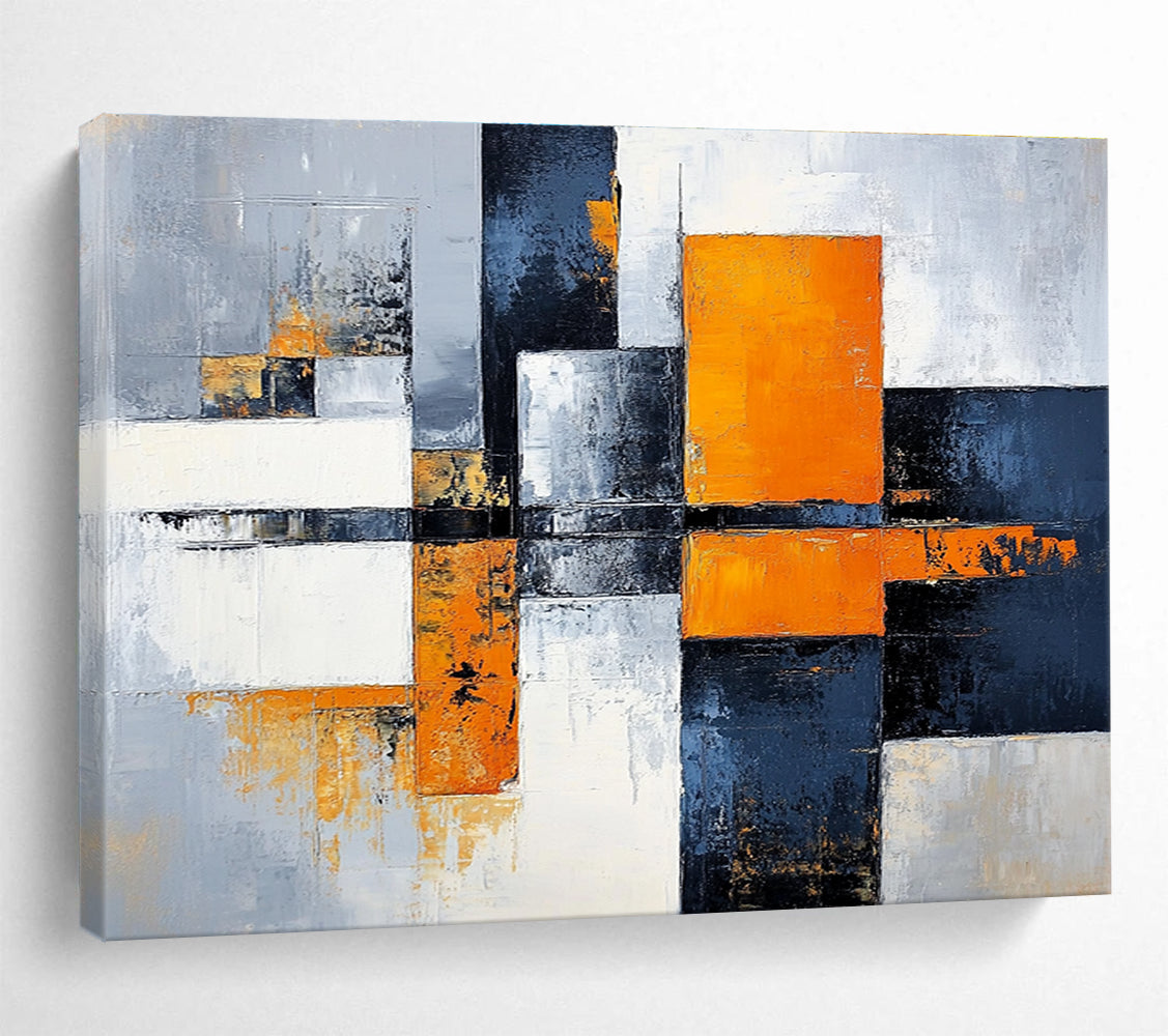 Large abstract painting featuring gray, white, and orange color blocks with a calming cityscape background, offering a sense of harmony and balance.SC100
