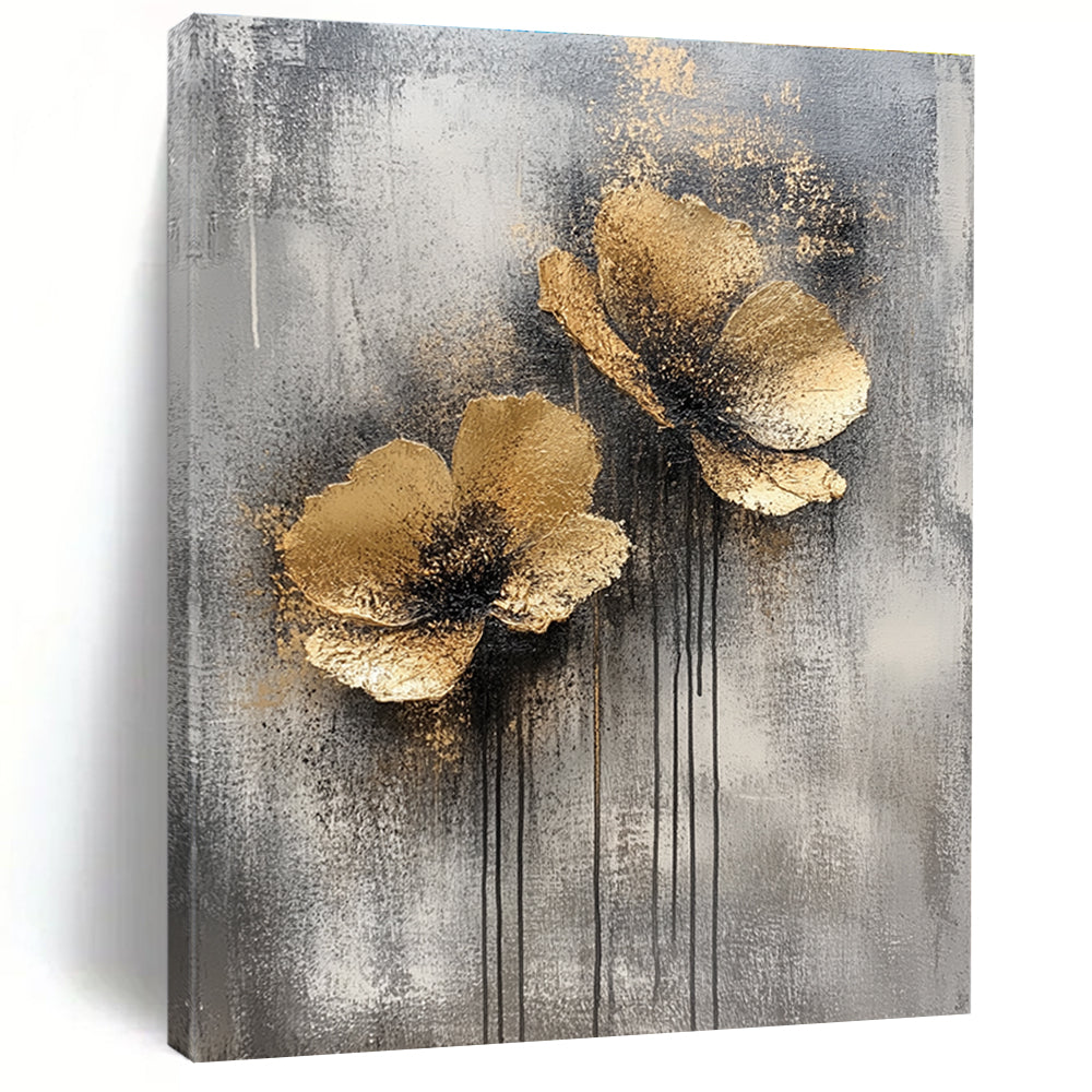 Large abstract painting featuring silver and gold on a grey background creating an atmospheric and captivating visual experience.STSC486