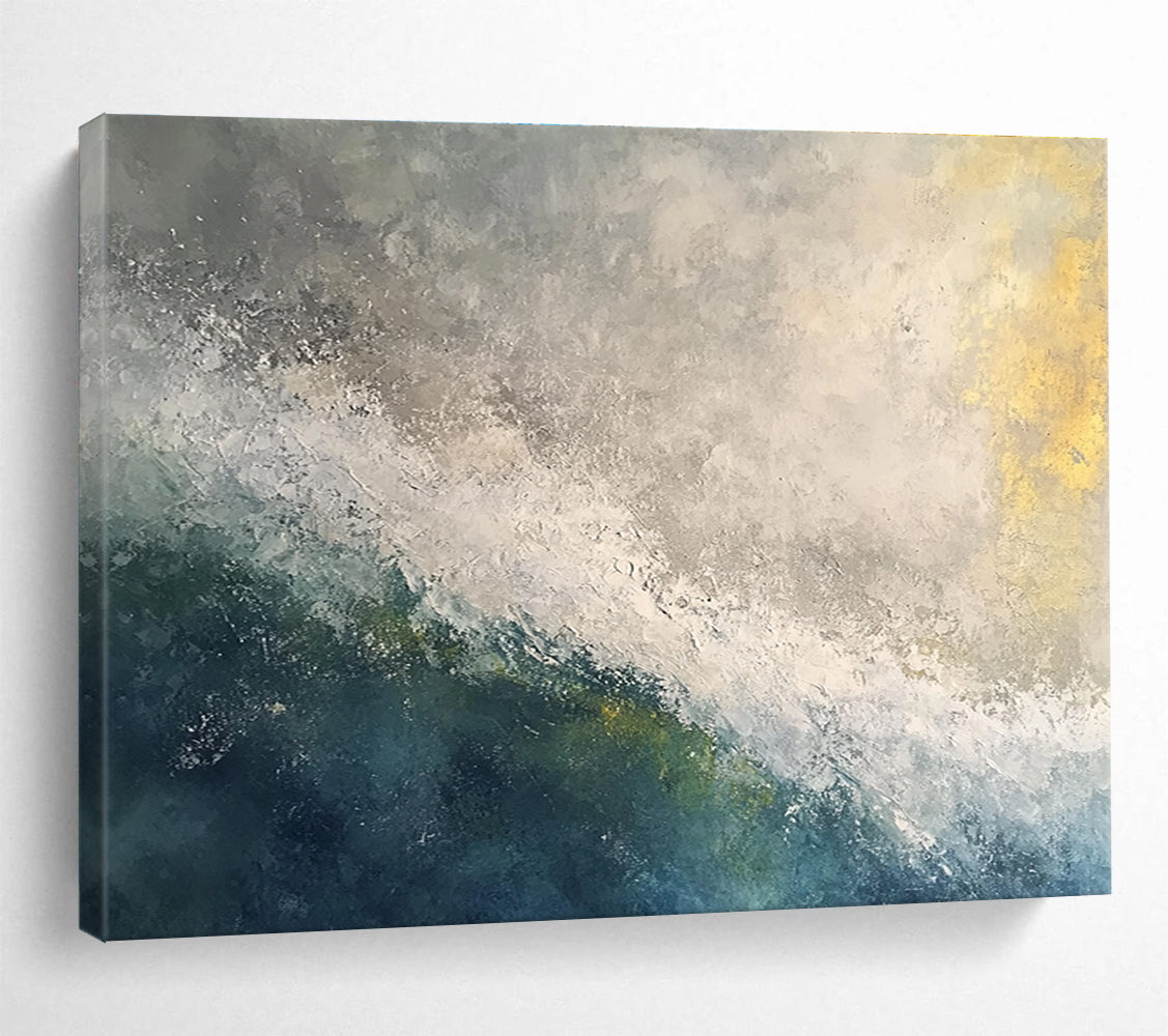 Large abstract oil painting of a stormy ocean at dawn featuring white and grey tones with touches of blue green and yellow.SC119
