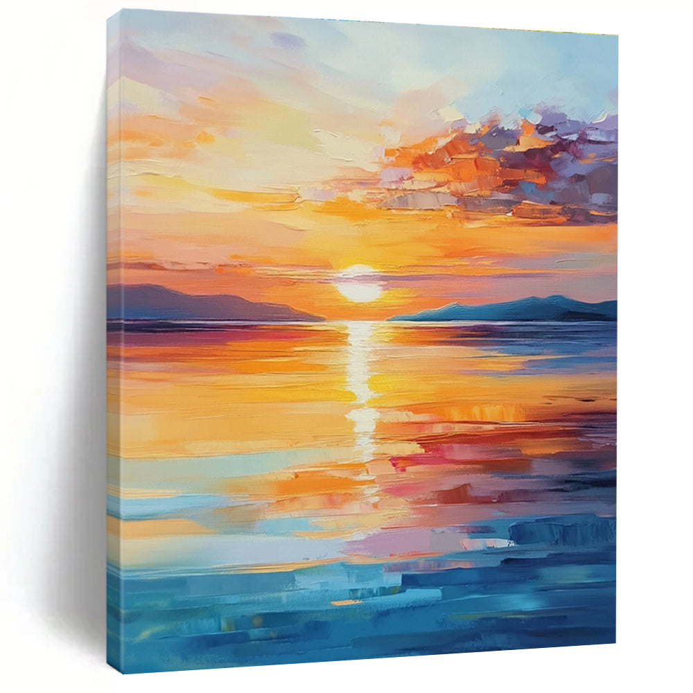 A large abstract painting of a beautiful sunrise over the sea with warm colors and calming reflections, capturing tranquility and hope.STSC900