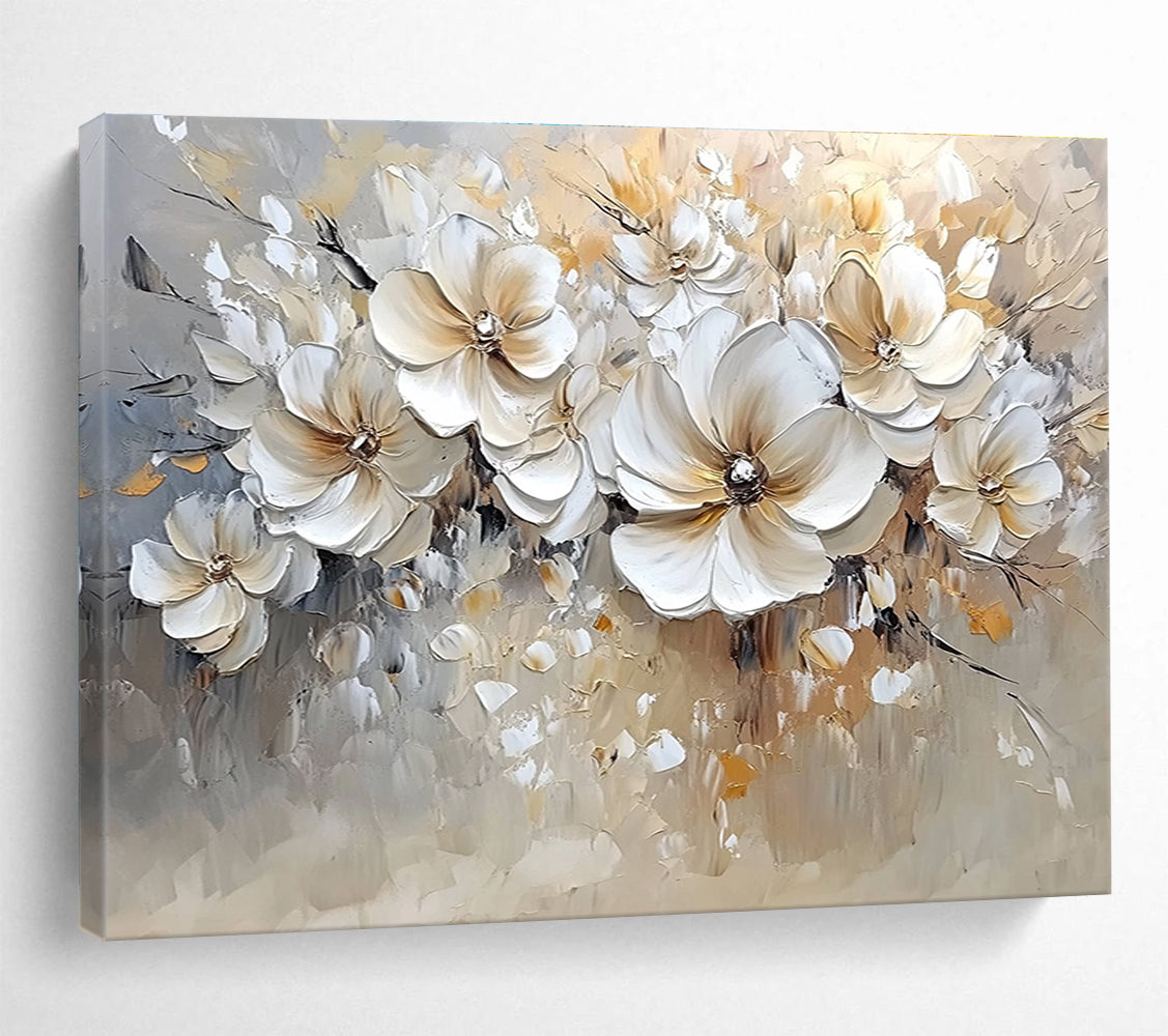 Large abstract painting featuring soft colors in white and beige with bold brush strokes and low detail of flowers.SC001