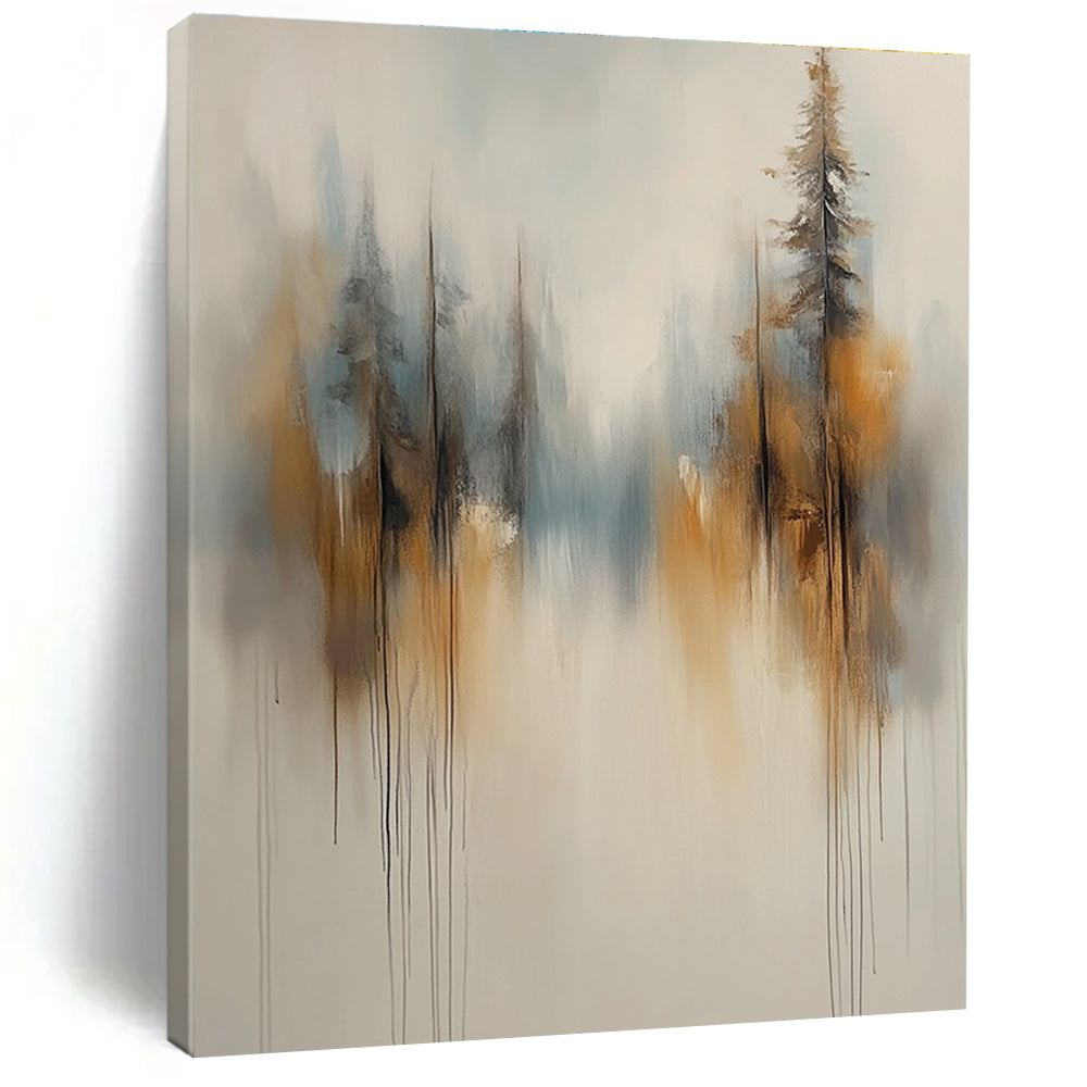 Large abstract painting of soft white and grey trees with brown and blue accents featuring a smoke-like background and blurred edges.STSC710