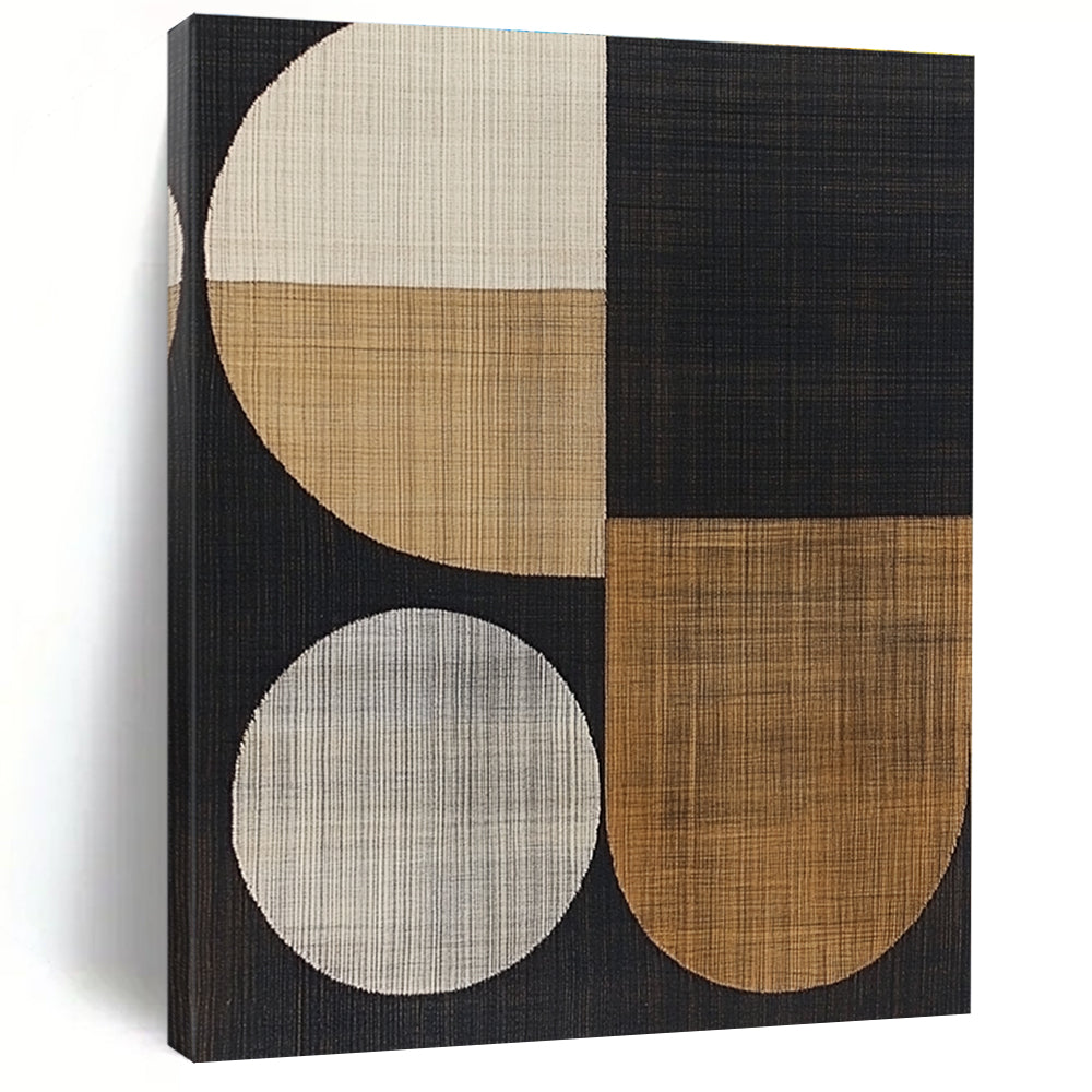 Large abstract artwork featuring abstract shapes, wood grain texture, and a sophisticated black color scheme for a modern aesthetic.STSC933