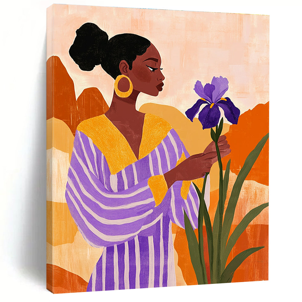 A large abstract painting featuring an African American woman with an iris flower in a vibrant desert landscape, styled with vintage aesthetics and textured elements.STSC535