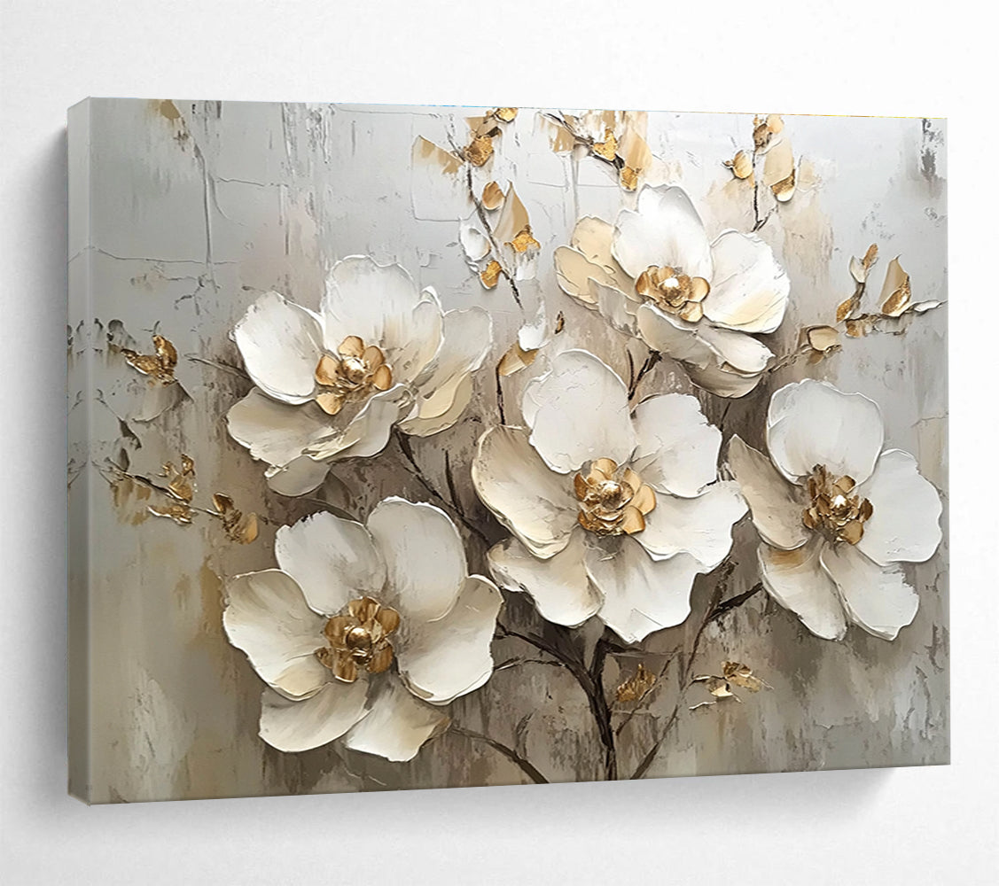 A large abstract painting featuring white flowers with gold accents on a white background, showcasing elegant details and soft lighting in a neutral palette.SC623