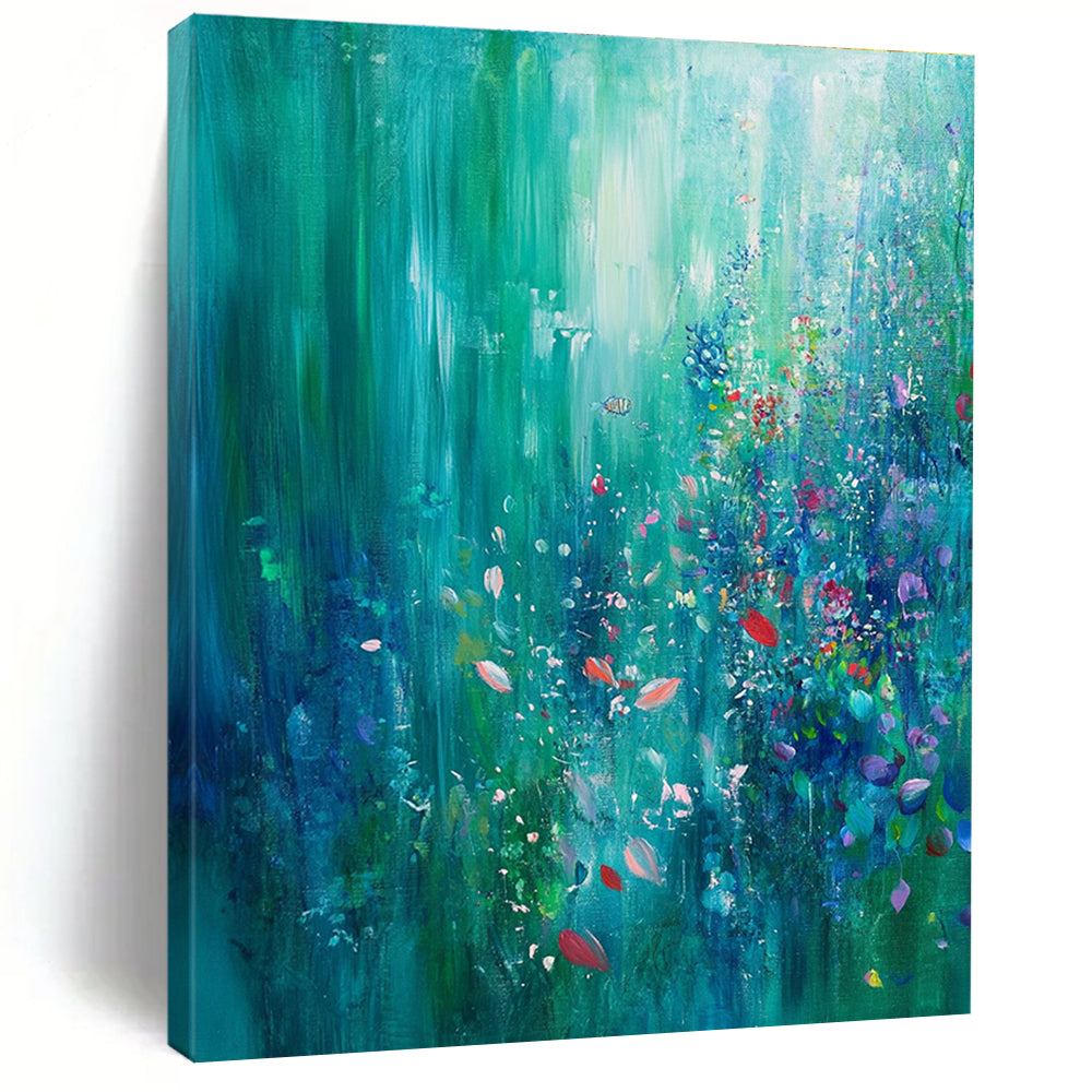 Large abstract painting of an underwater garden with turquoise emerald hues coral reef soft light small fish and colorful bubbles for a tranquil effect.STSC273