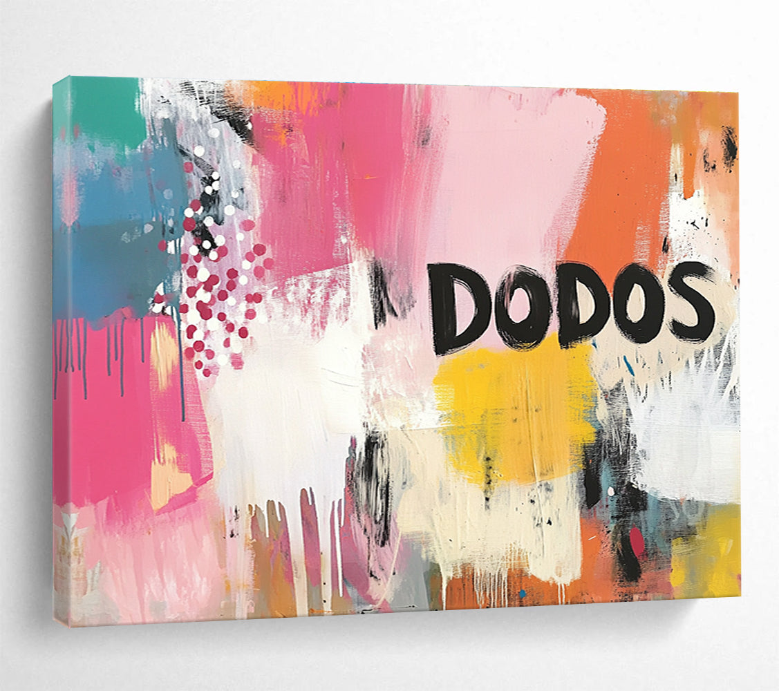 Vibrant abstract painting with bold brushstrokes and dynamic patterns in energetic colors featuring large DODOS lettering creating an urban ambiance.SC456
