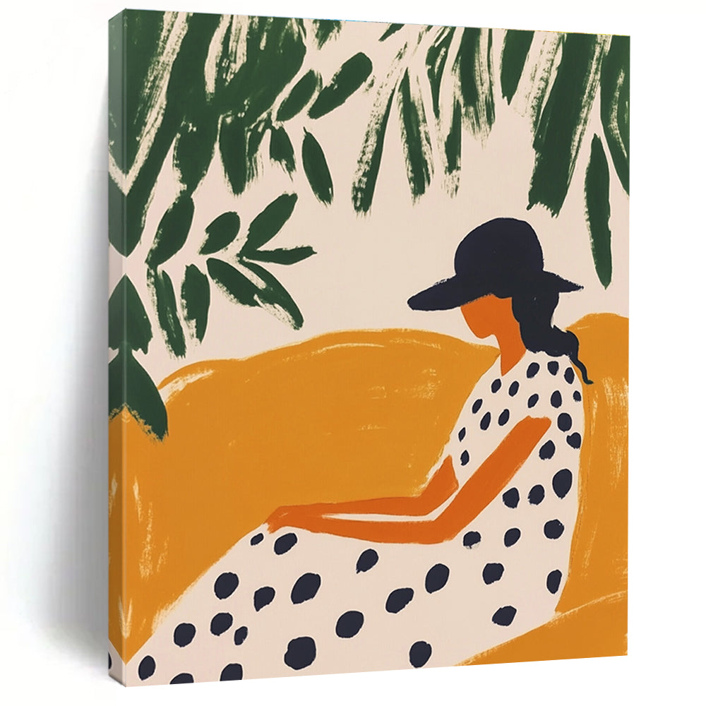 Large abstract artwork featuring a woman on a chaise lounge with minimalistic shapes and greenery on a white background in Matisse style.STSC1263