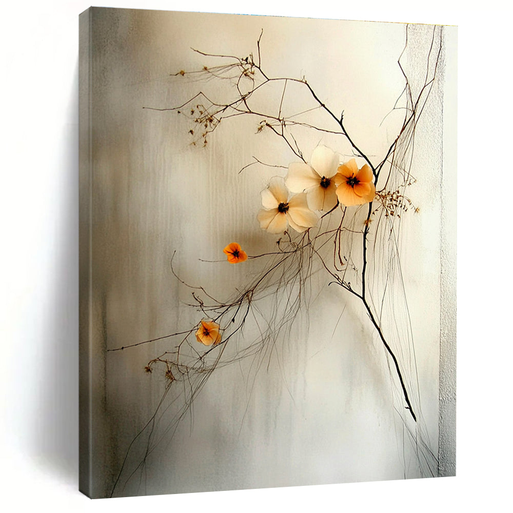 Abstract artwork featuring delicate wildflowers with a small orange bloom against a soft gray background emphasizes calmness and balance through intricate string-like details.STSC856