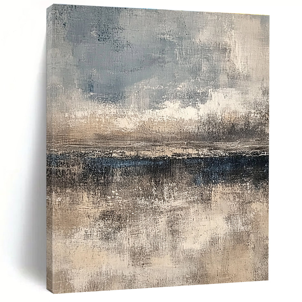 Large abstract painting featuring textured layers in neutral beige and gray with subtle blue and white accents creating depth and a serene horizon line.STSC108