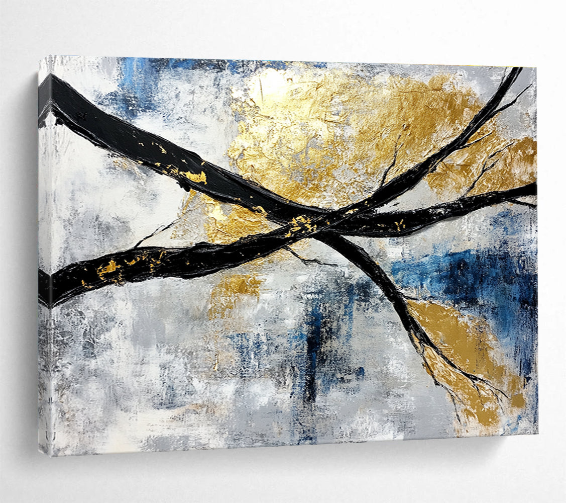 Abstract painting featuring black and white branches with gold leaf accents against a serene blue sky background.SC367