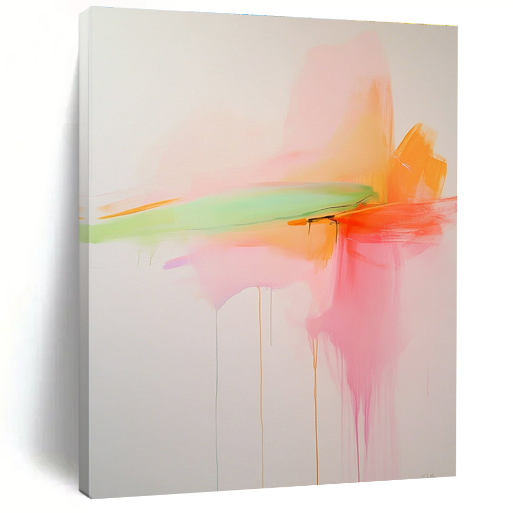 Large abstract painting with soft pink orange and green hues on a white background in minimalistic style inspired by Priscilla Creedman.STSC797