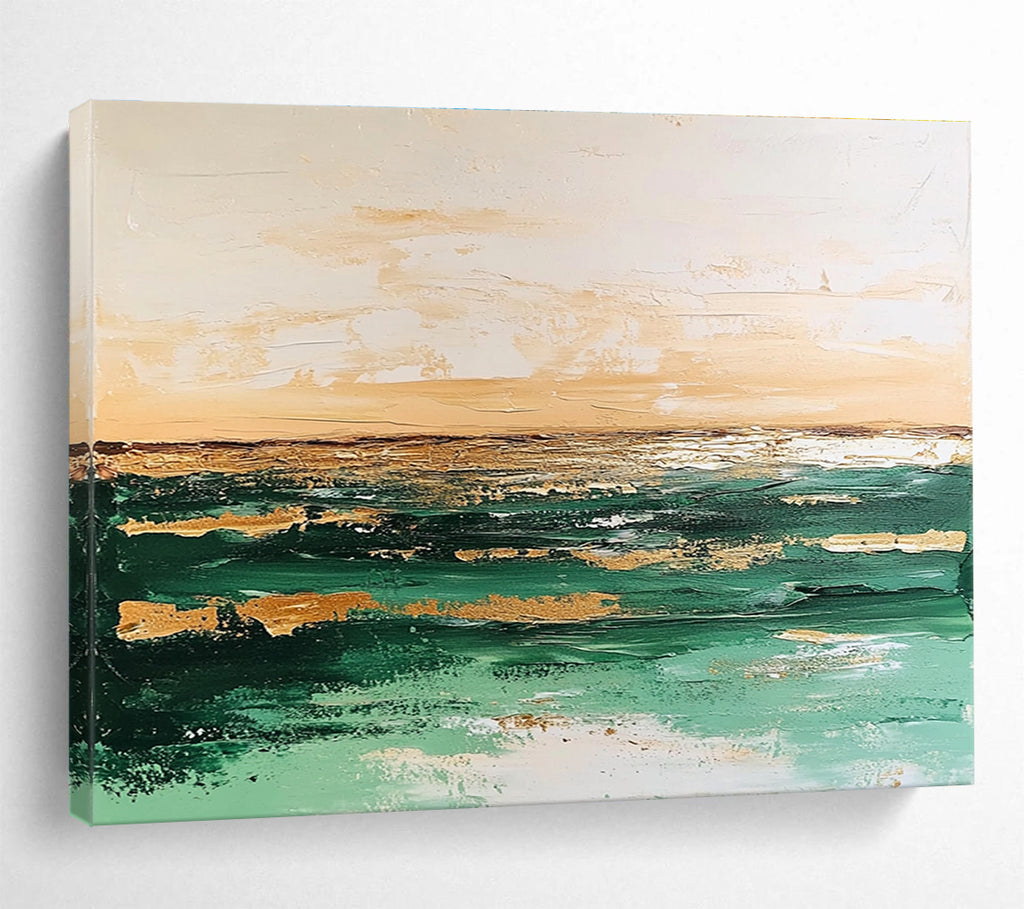 Large abstract painting with green and beige tones depicting a tranquil sea and soft sky against a muted white background, creating an elegant vintage feel.SC080
