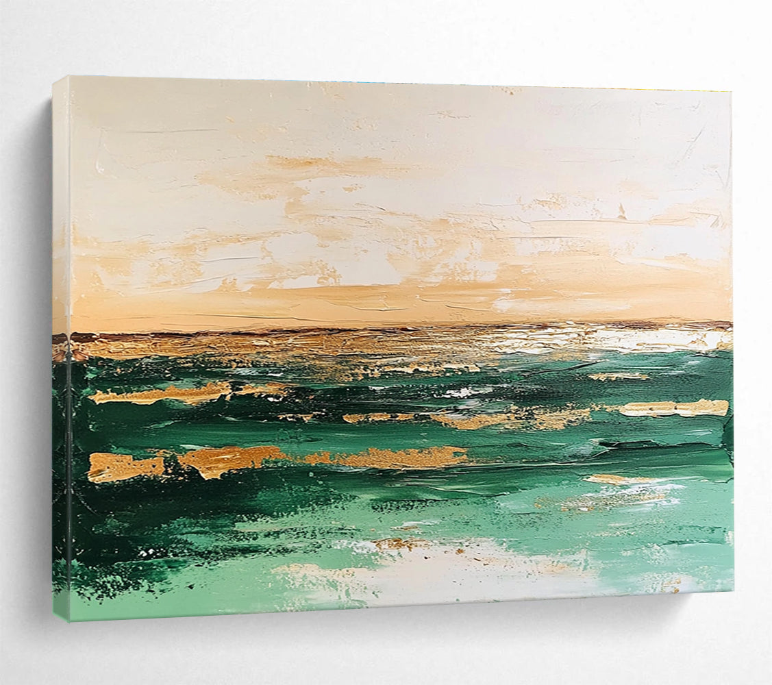 Large abstract painting with green and beige tones depicting a tranquil sea and soft sky against a muted white background, creating an elegant vintage feel.SC080
