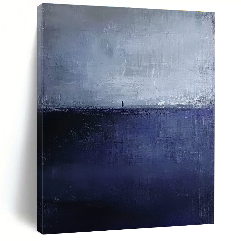 Large abstract painting in dark blue and gray depicting an atmospheric seascape with a small silhouette on the distant horizon.STSC1085