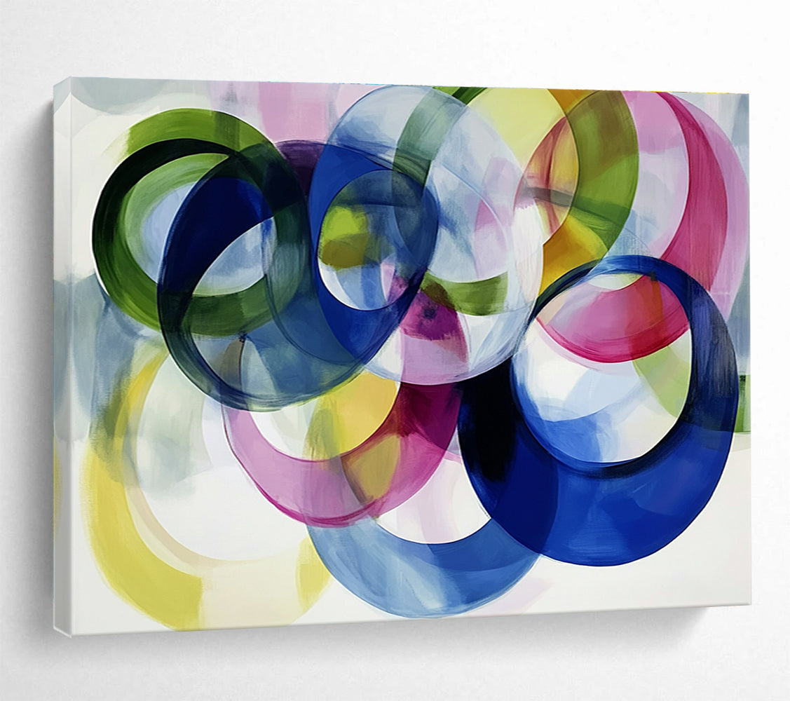 Large abstract painting with colorful overlapping circles on a white background showcasing joyful energy and playful modernity through soft edges and visible brushstrokes.SC525