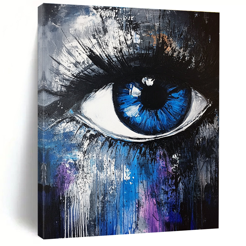 Large abstract painting featuring a blue and white iris with expressive brush strokes and a dark gray background accented by blue and purple.STSC647