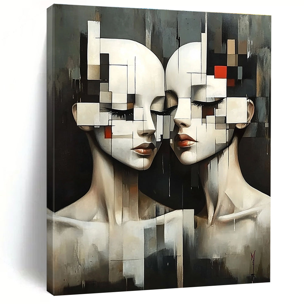 Large abstract painting featuring two female figures in geometric forms with pixelated faces and a dark background in Ismail Inceoglu's style.STSC1447