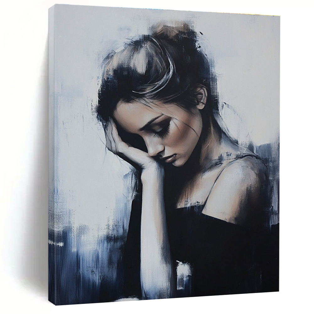 Abstract painting featuring a woman in soft tones with elegant figures and broad brushstrokes set against a minimalist background of gray and blue hues.STSC1266
