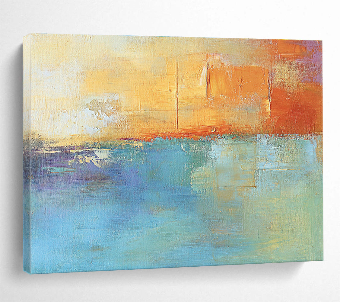 Large abstract oil painting in muted orange and aqua with soft shapes and blurred edges evoking calmness and tranquility through its impressionist style.SC124