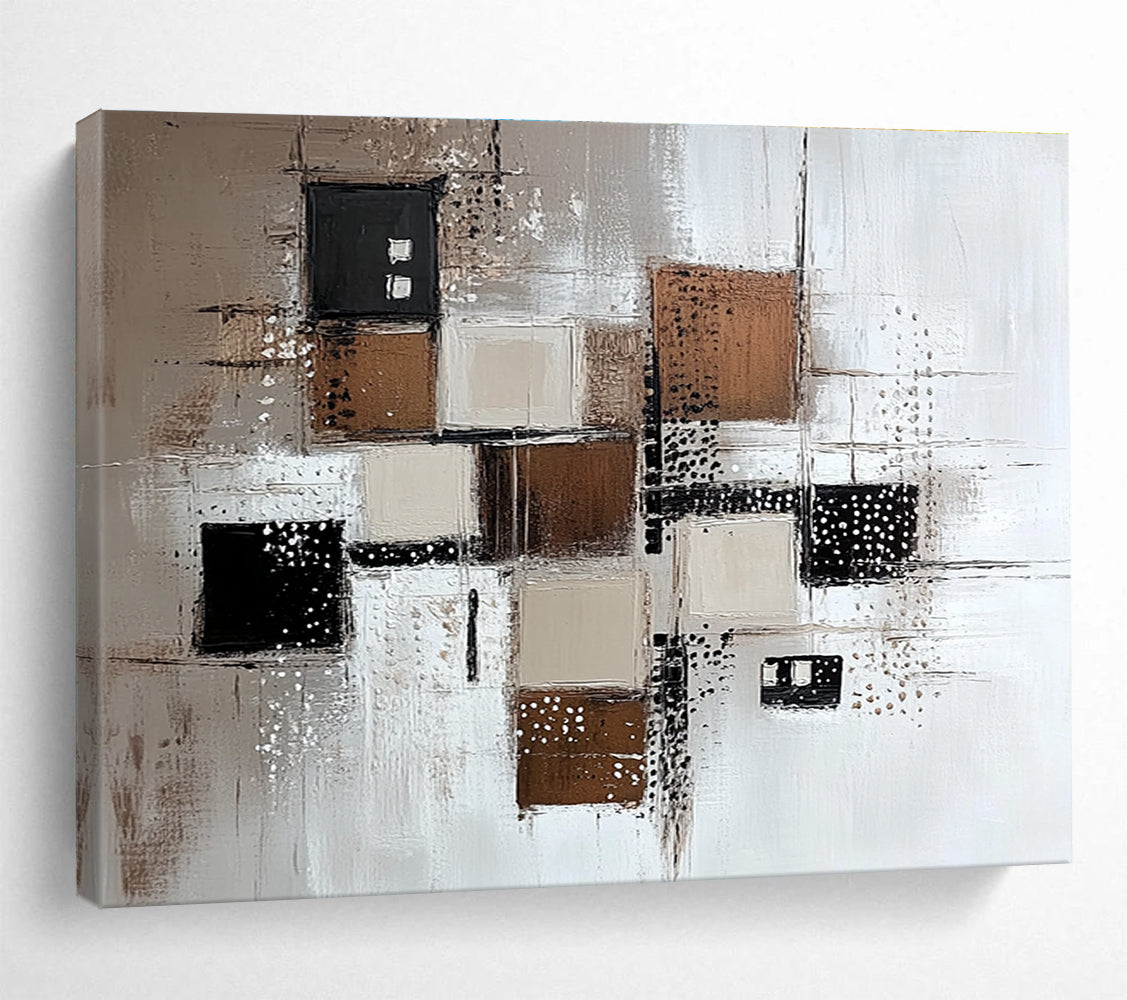 Large abstract painting featuring a white background with various brown and grey squares and neutral-toned lines and dots.SC213