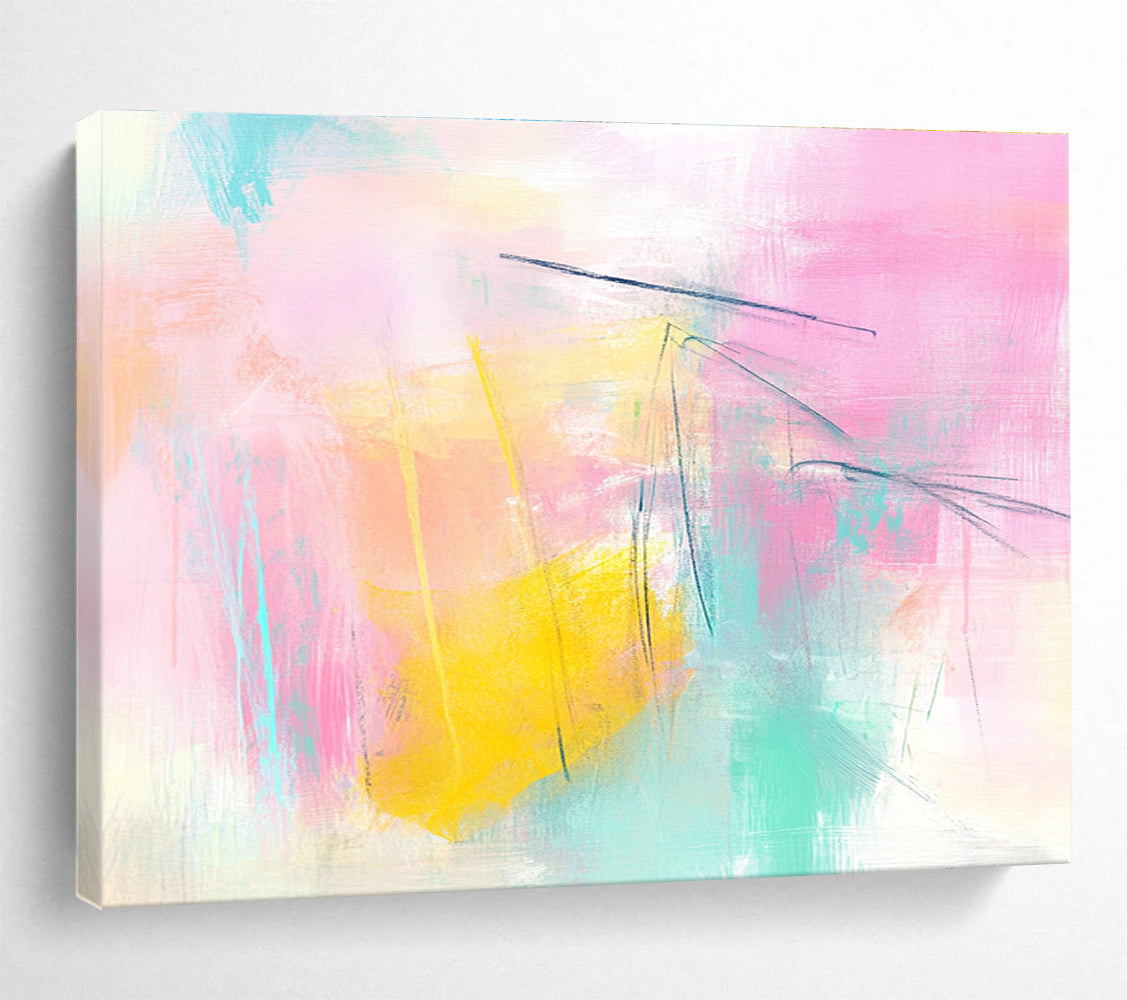 Large abstract painting featuring pink and yellow tones light blue lines and soft shapes creating a dreamy atmosphere with delicate brushstrokes and pastel background.SC211