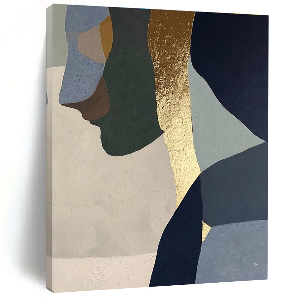 Abstract painting with gold foil depicting a woman in profile, blended neutral tones of sage green, blue, gray, beige, and navy blue.STSC756