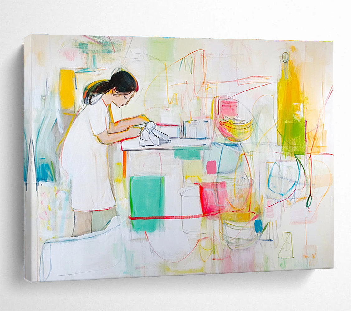 Figurative Kitchen Scene Abstract Painting with Colorful Elements DYP325