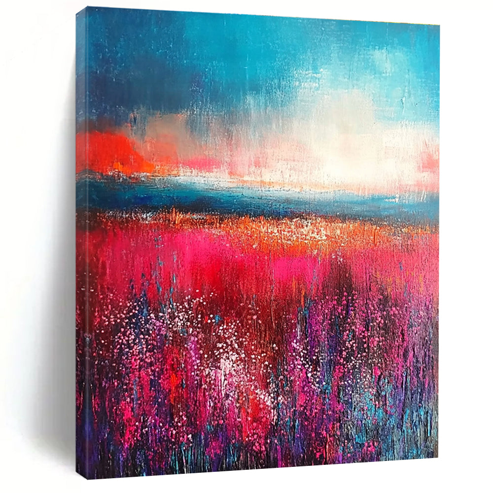 Large abstract painting with thick brush strokes in reds and pinks featuring an aqua blue sky and a detailed field of flowers.STSC117