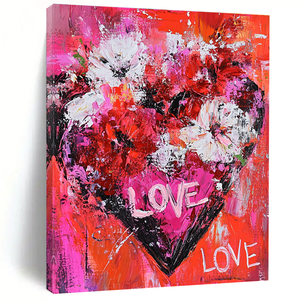 Large Abstract Painting of Flowers Forming a Heart in Bold Reds Pinks and Whites with Handwritten Love Text Symbolizing Passion and Romance.STSC680