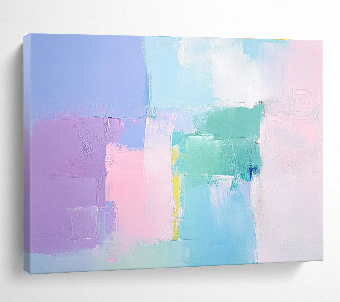 Large abstract painting with soft pastel colors thick brush strokes and a minimalist impressionist style featuring pink blue and light green tones.SC255