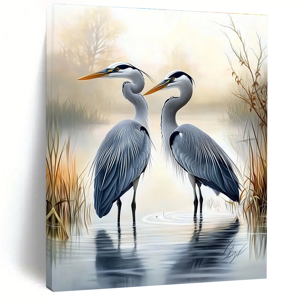 A large abstract painting featuring two herons in water with a misty swamp background in the style of Larry Elmore.STSC1450