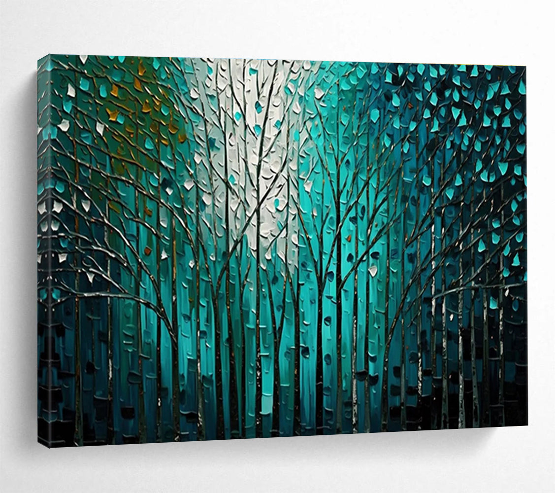Teal Forest Abstract Painting with Intricate Tree Patterns THY311