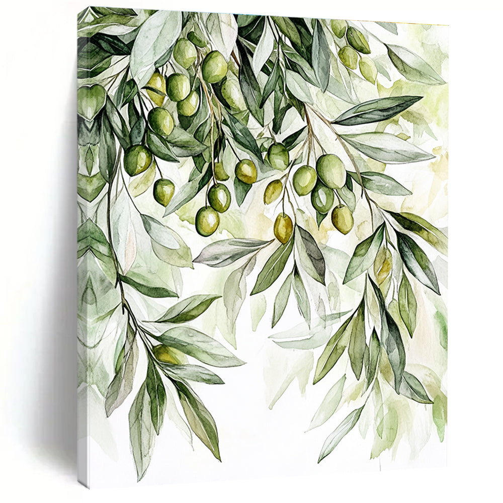 Large abstract painting featuring detailed olive tree foliage in soft greens and whites with olives creating a warm inviting atmosphere.STSC1460