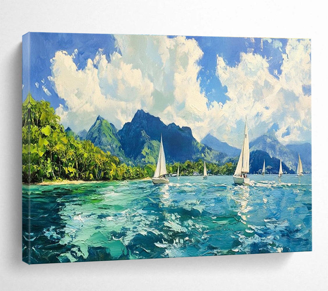 Sailing Bay Abstract Painting with Bright, Coastal Energy THY413