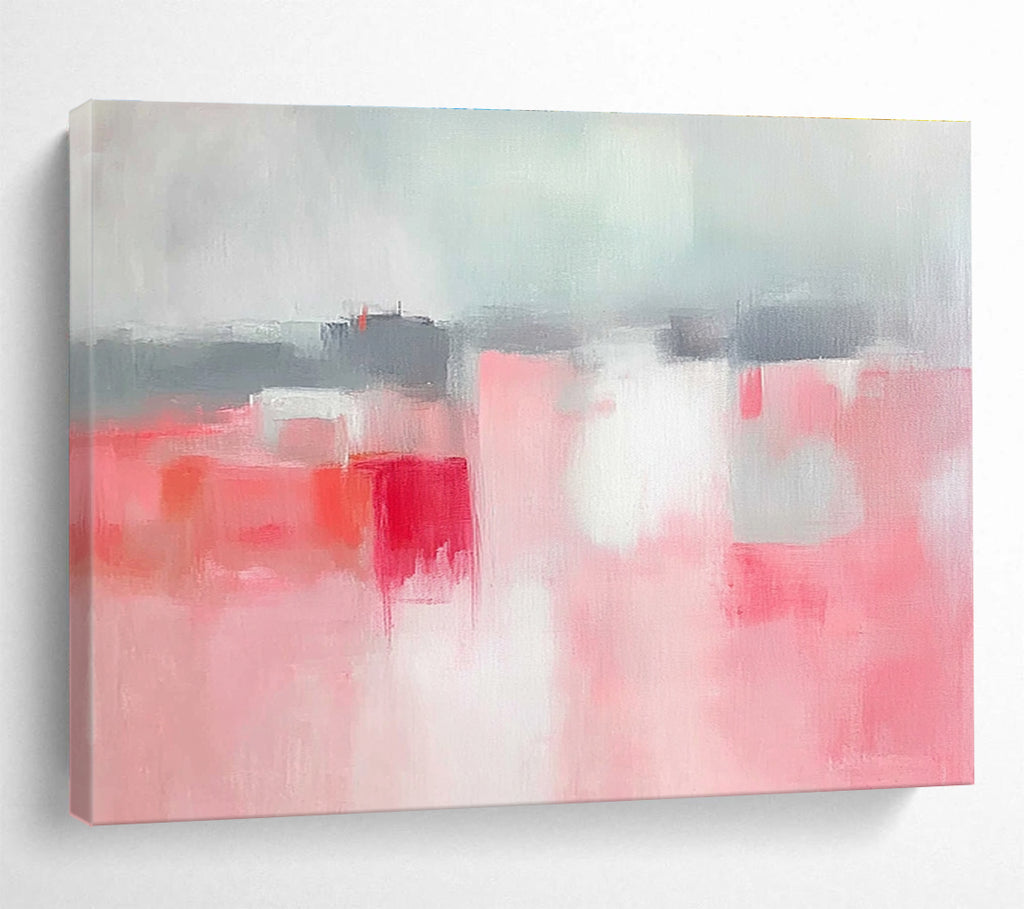 Large abstract painting featuring soft pink and grey tones, white space, sky blue, red accents, and a blurred town background.SC257